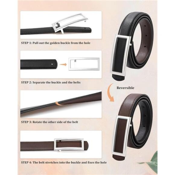 Women Reversible Leather Belt Skinny Two in One Gold Buckle Adjustable Fashion - Picture 2 of 7